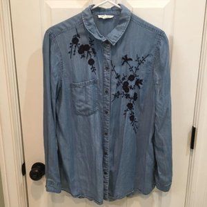 Long Sleeve Chambray Button Up Embroidered Shirt